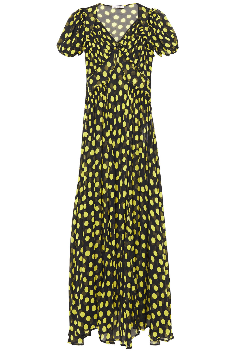 Attico Shirred Polka-dot Silk-chiffon Maxi Dress In Black