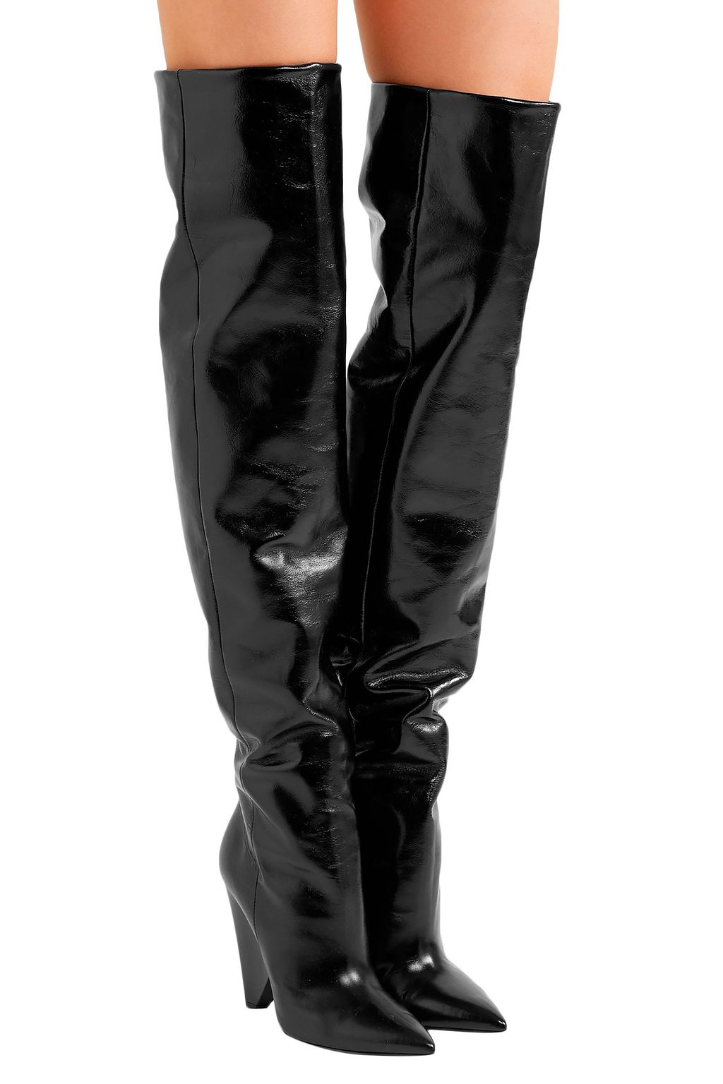 SAINT LAURENT Niki glossed-leather over-the-knee boots