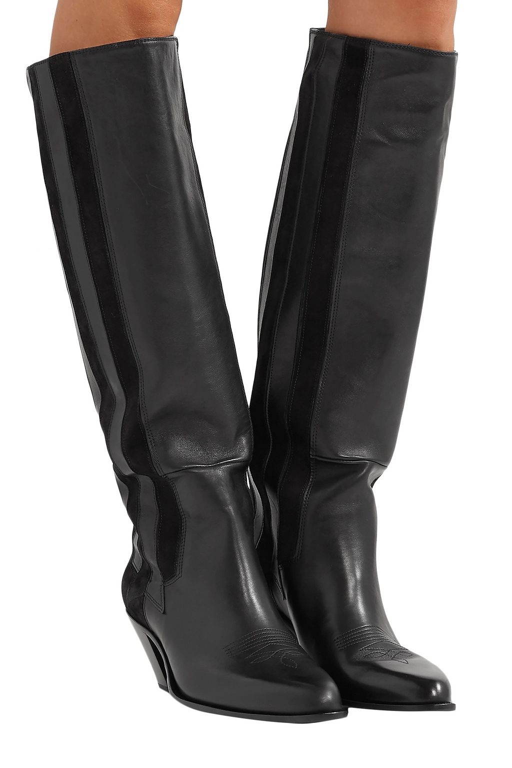 GOLDEN GOOSE Nebbia paneled suede and embroidered leather knee boots
