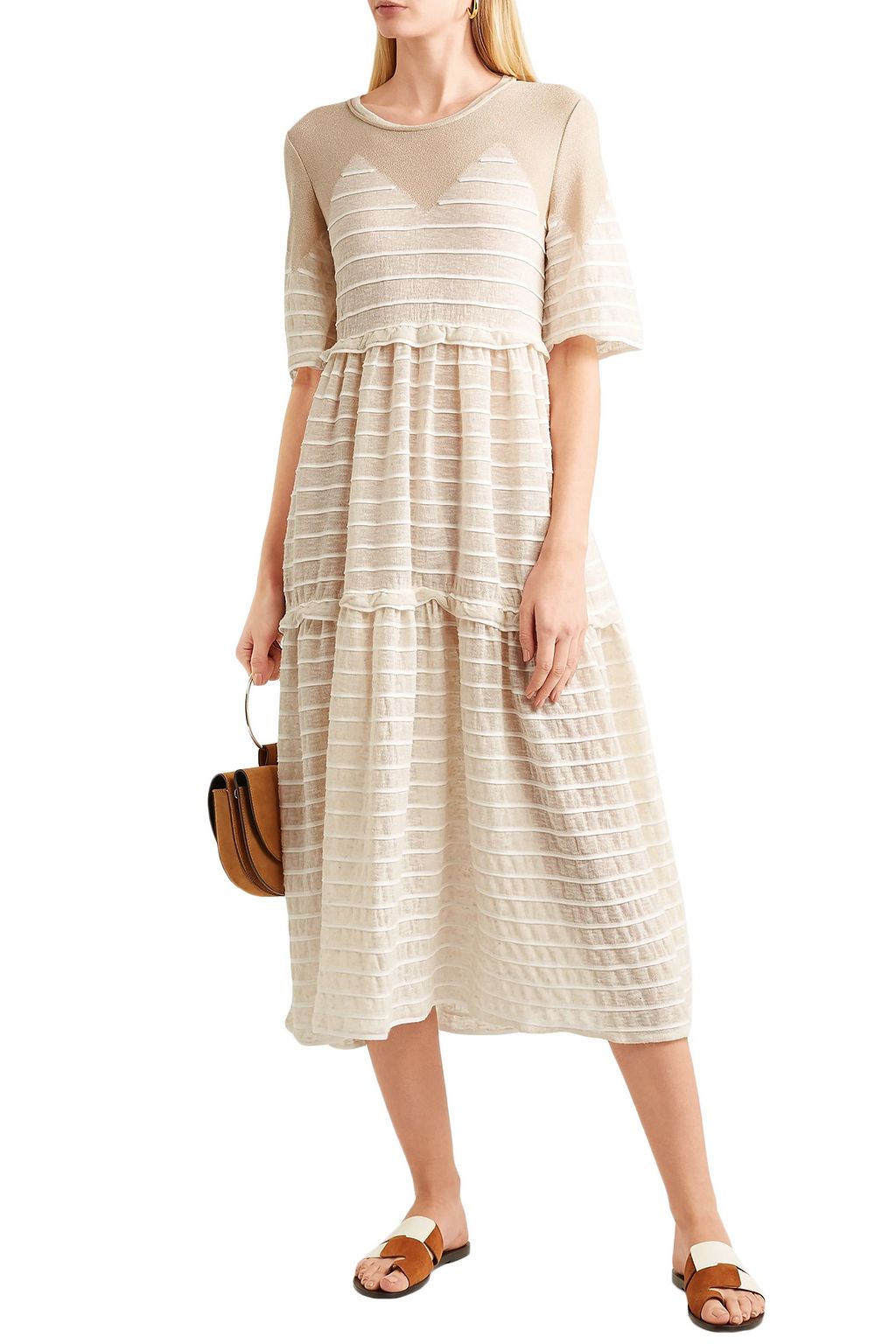 SONIA RYKIEL Metallic-paneled striped crinkled-jersey midi dress