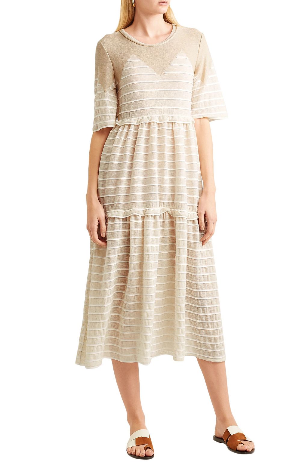SONIA RYKIEL Metallic-paneled striped crinkled-jersey midi dress