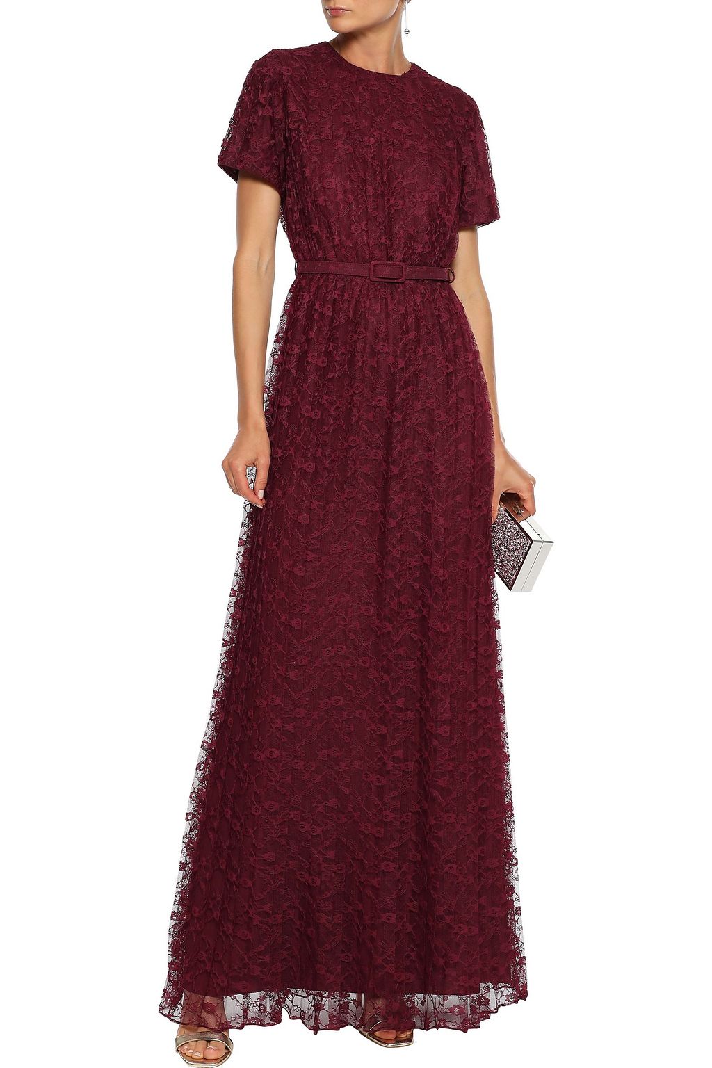 MIKAEL AGHAL Belted pleated lace gown