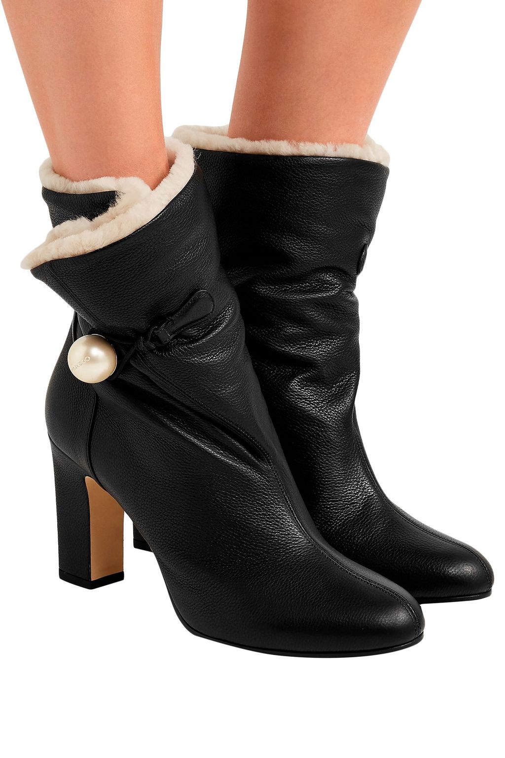 JIMMY CHOO Bethanie 85 shearling-lined embellished textured-leather ankle boots
