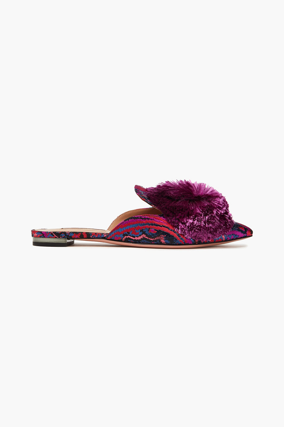 Aquazzura Woman Powder Puff Pompom-embellished Metallic Jacquard Slippers Violet Size 35