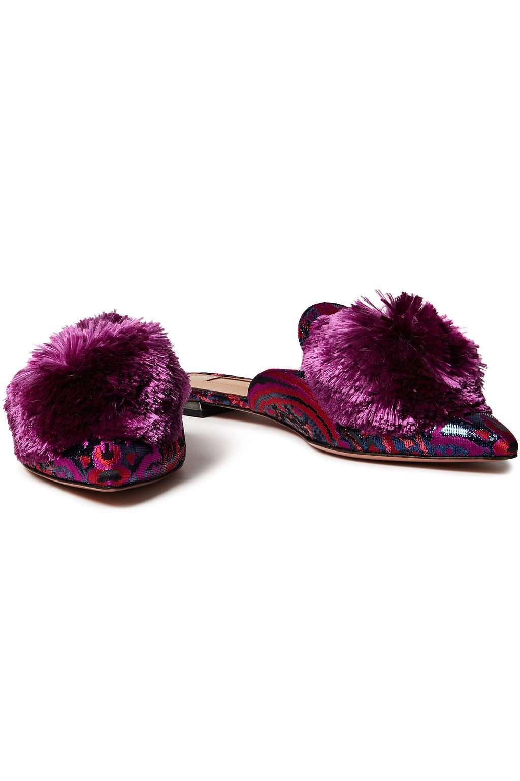 Violet Powder Puff Pompom Embellished Metallic Jacquard Mules Aquazzura The Outnet
