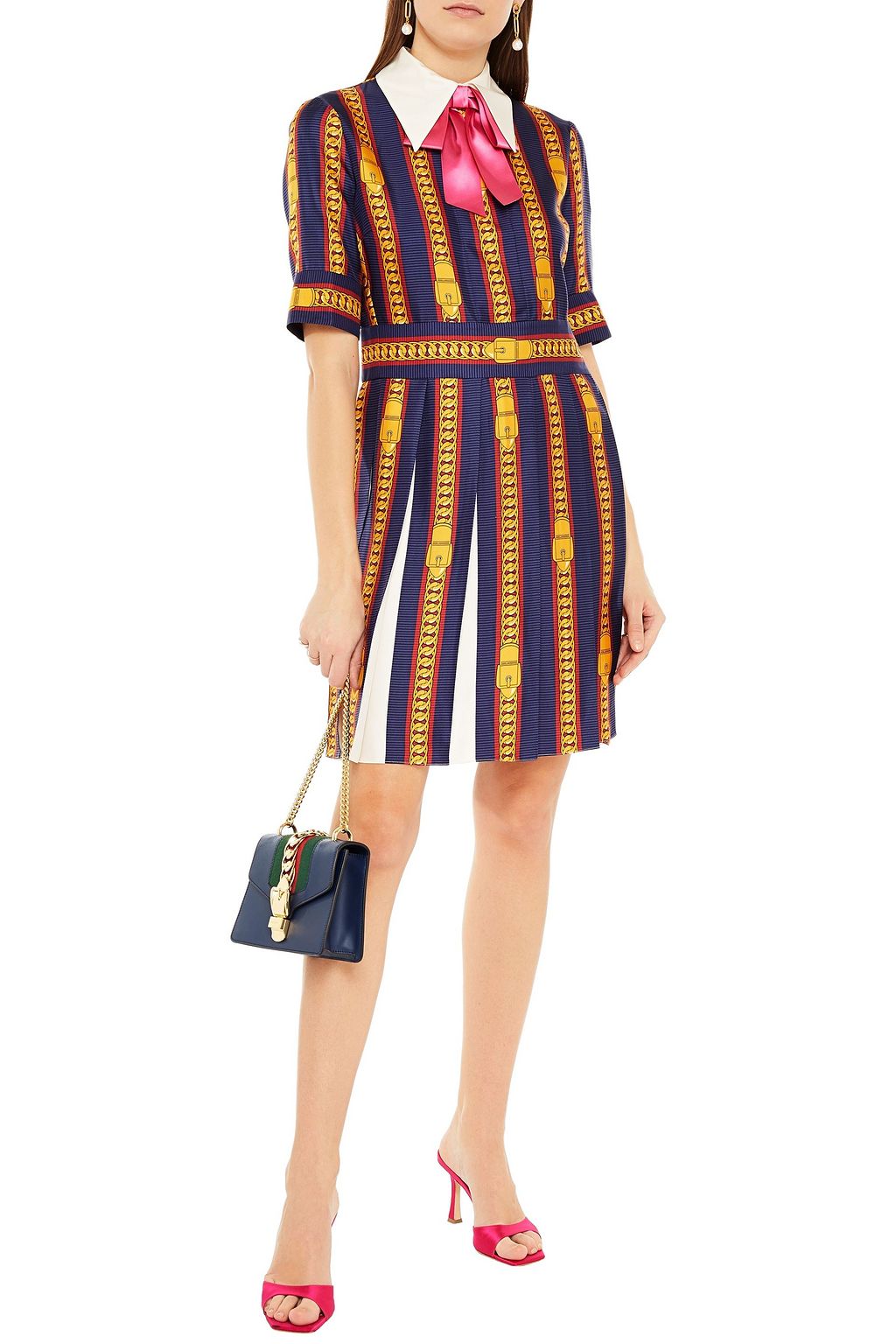 GUCCI Bedrucktes Kleid aus glänzendem Seiden-Twill mit Schluppe