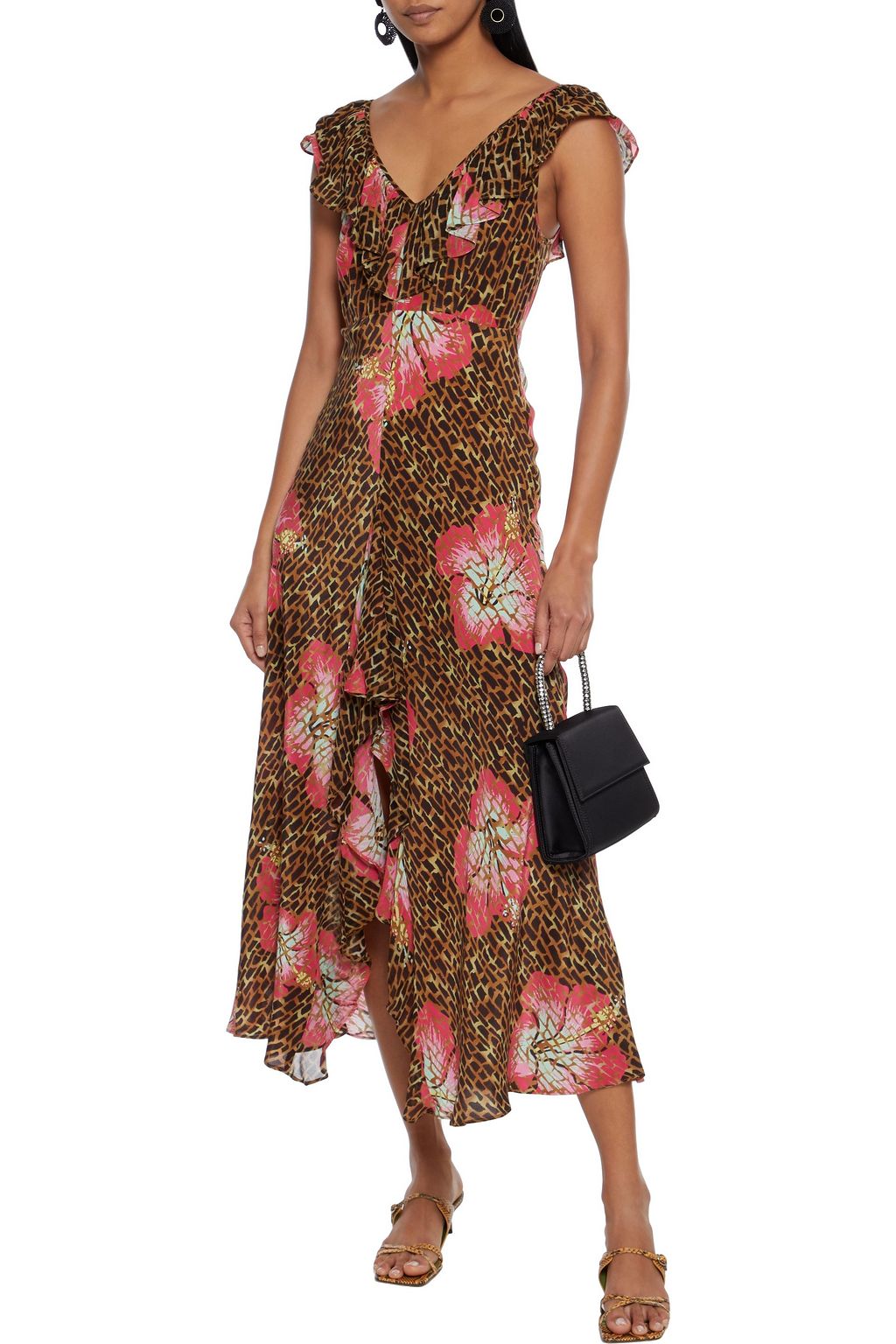 RIXO Antoinette ruffled printed silk crepe de chine midi dress