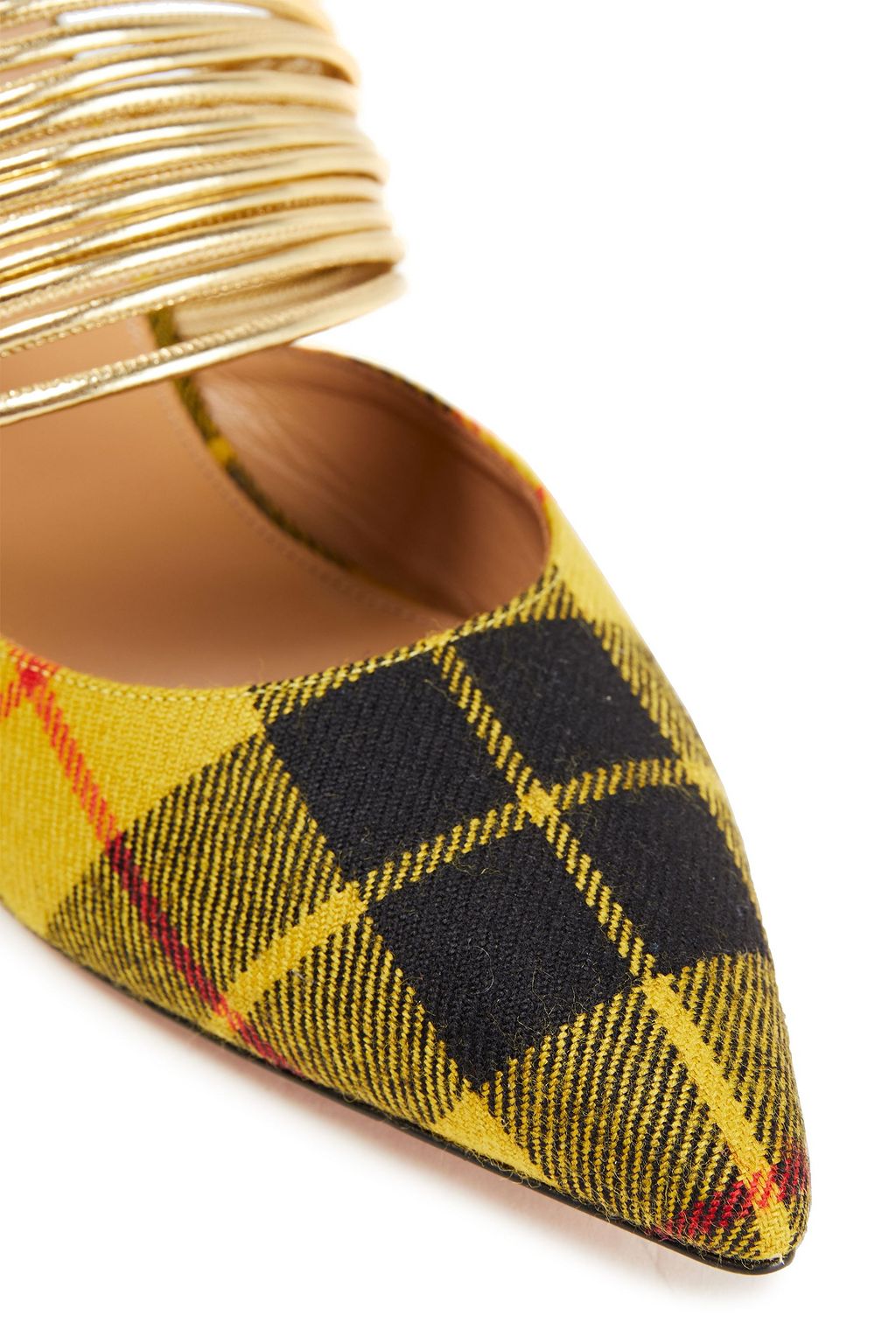 AQUAZZURA Metallic faux leather and checked twill mules