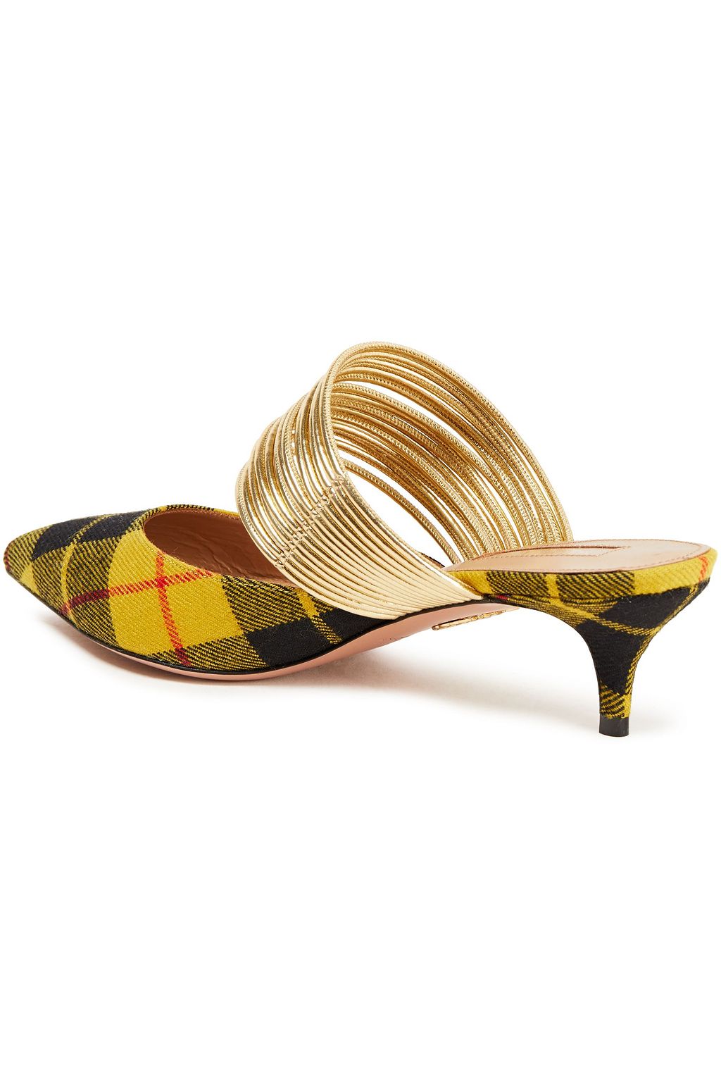 AQUAZZURA Metallic faux leather and checked twill mules