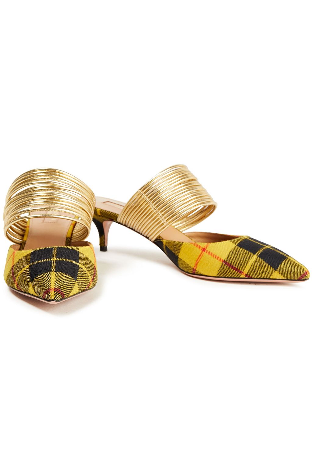 AQUAZZURA Metallic faux leather and checked twill mules