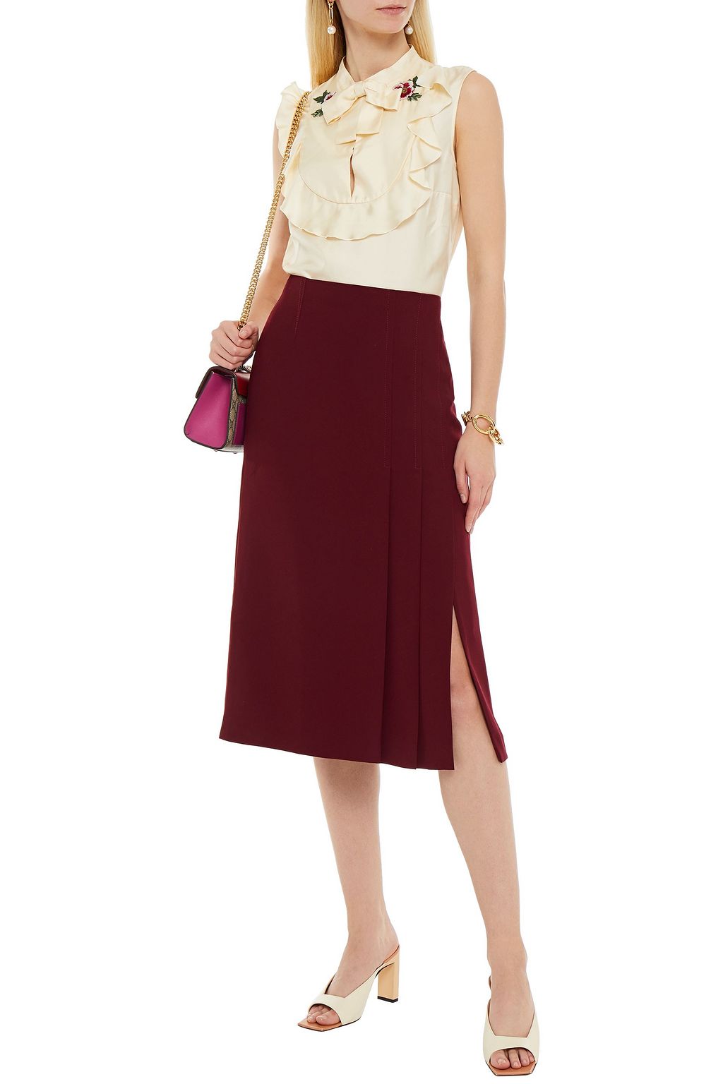GUCCI Oberteil aus Seiden-Twill mit Rüschen und Stickereien