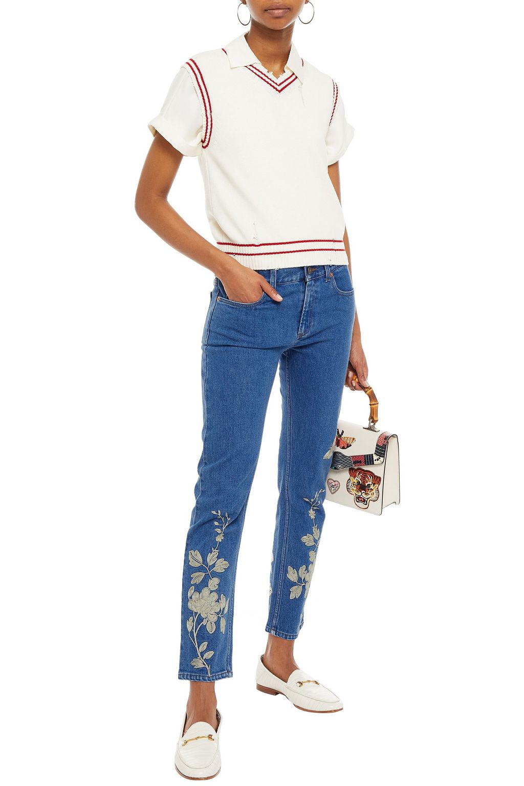 GUCCI Halbhohe Jeans mit geradem Bein und Stickereien in Metallic-Optik