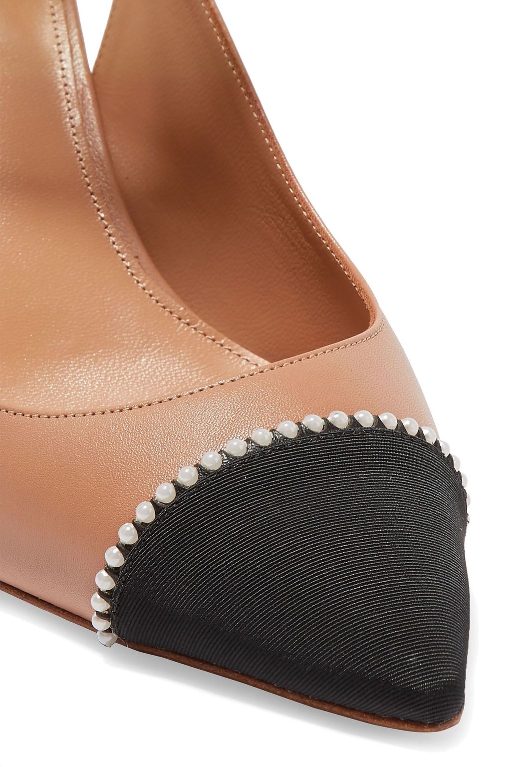 AQUAZZURA Faux pearl-embellished leather and grosgrain pumps