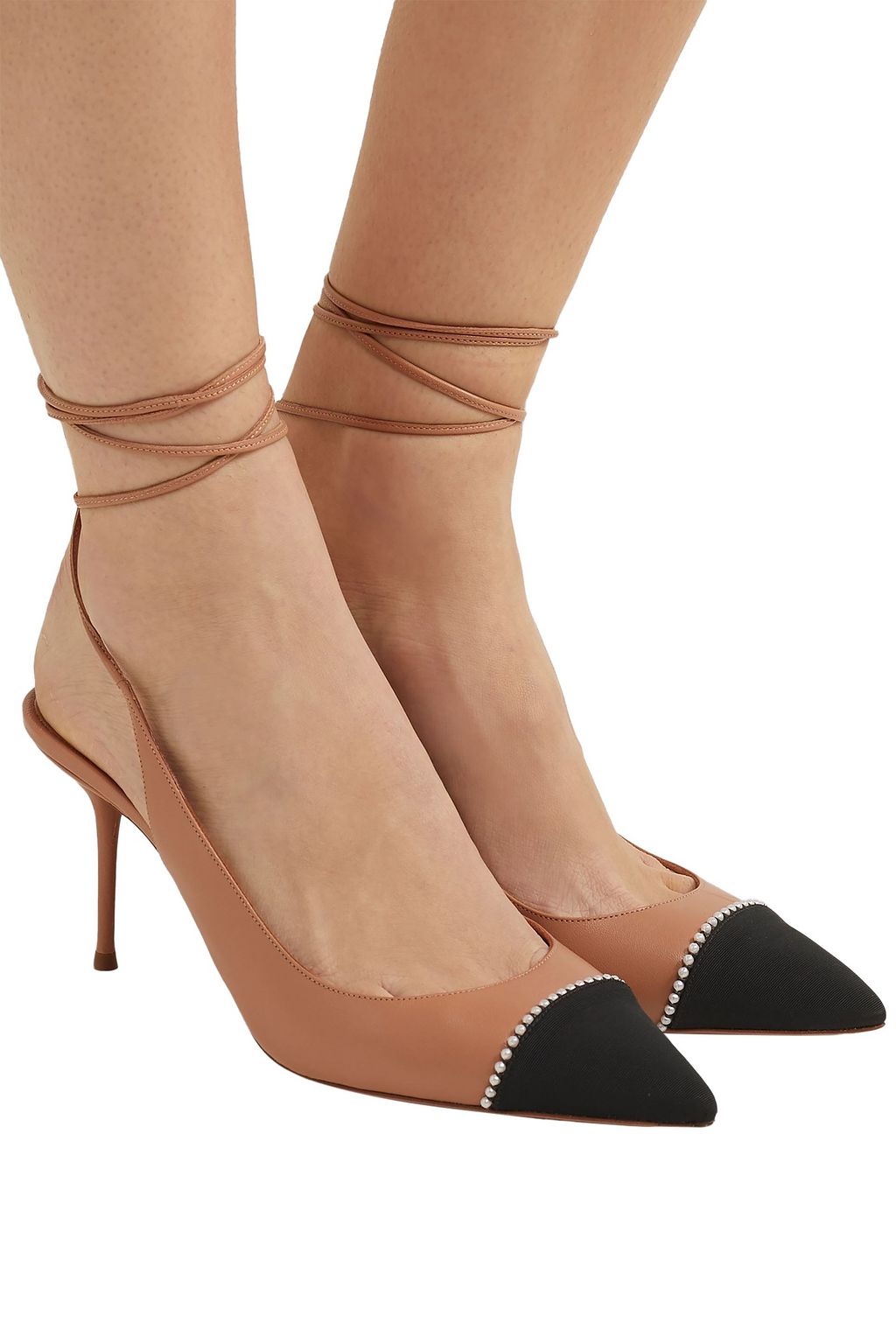 AQUAZZURA Faux pearl-embellished leather and grosgrain pumps