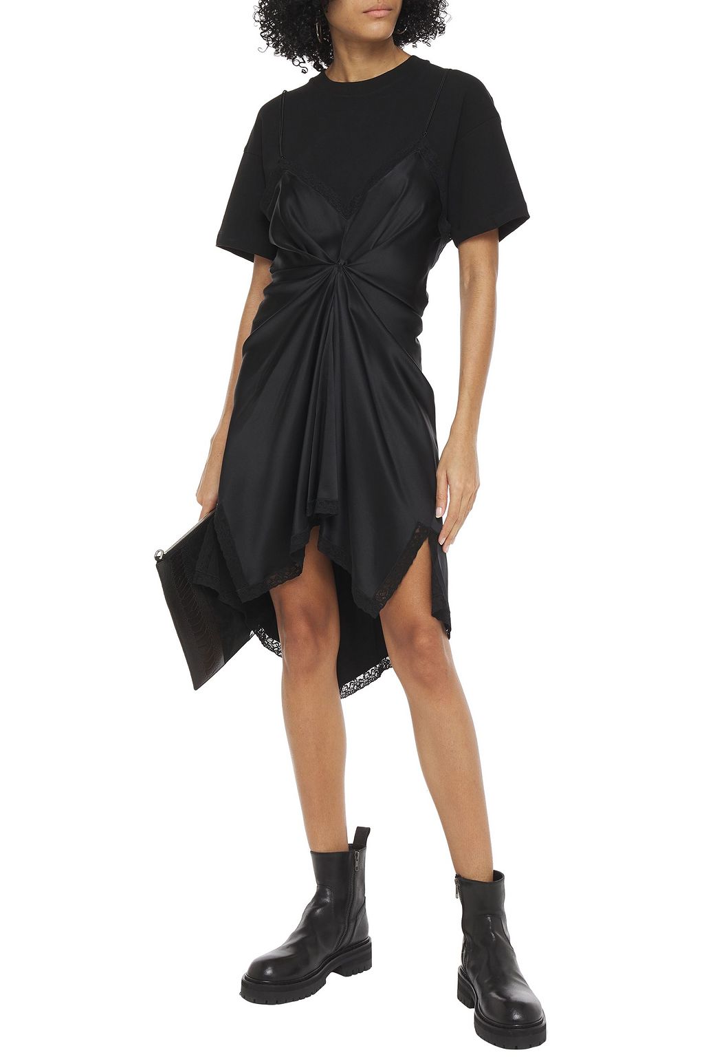 ALEXANDER WANG Asymmetric layered ruched jersey and silk-satin crepe mini dress