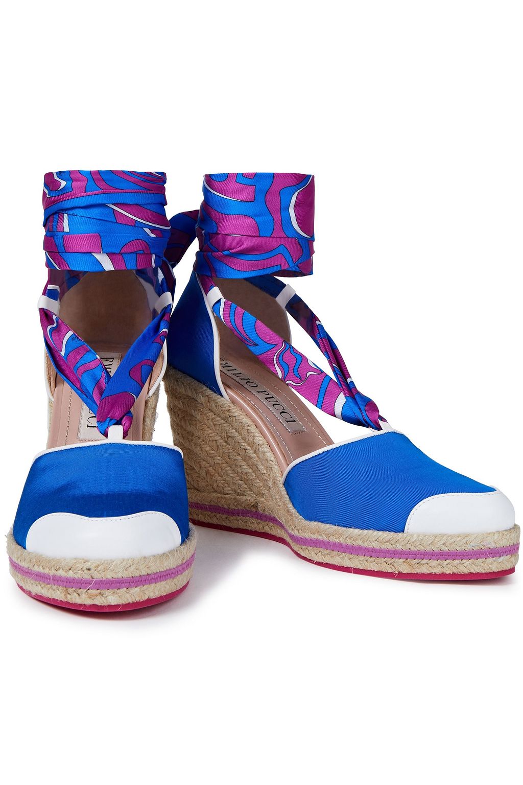 PUCCI Leather-trimmed printed twill and grosgrain wedge espadrilles