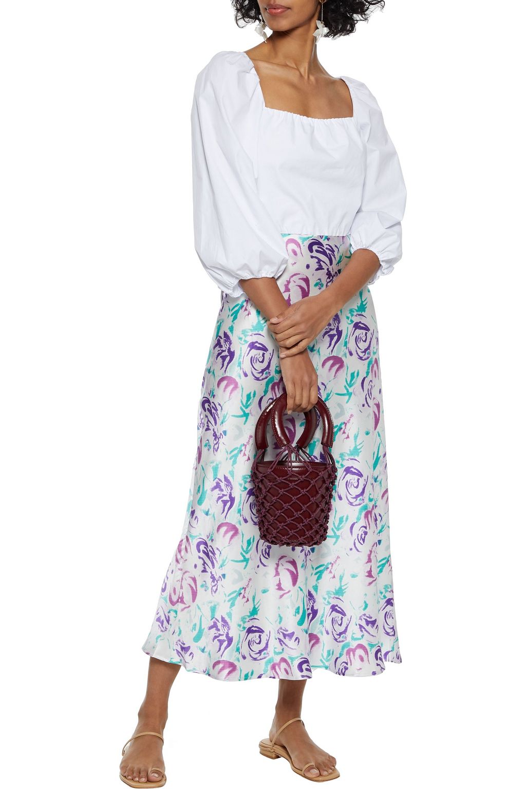 RIXO Kelly floral-print silk and Tencel-blend charmeuse midi skirt