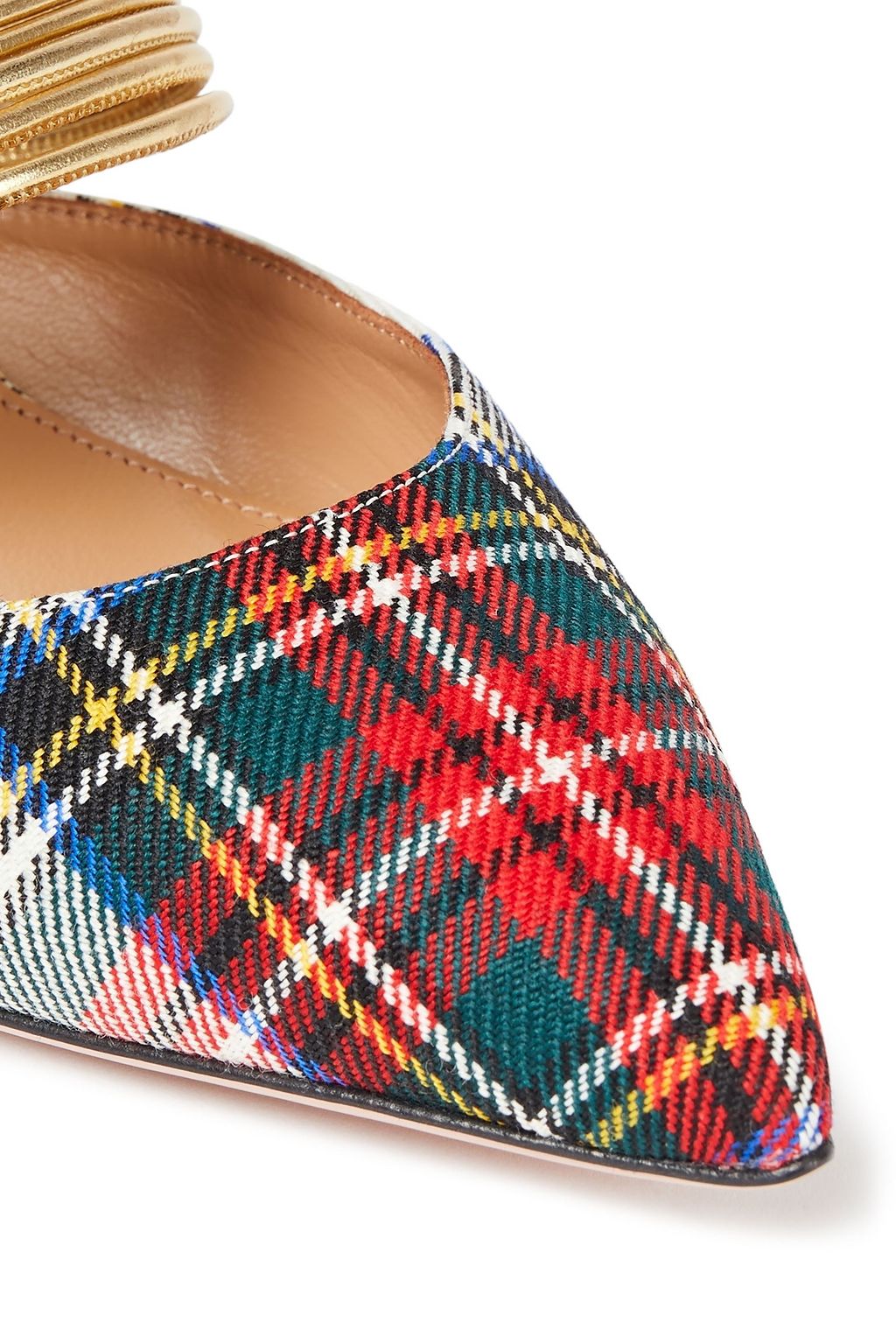 AQUAZZURA Metallic faux leather and checked twill mules