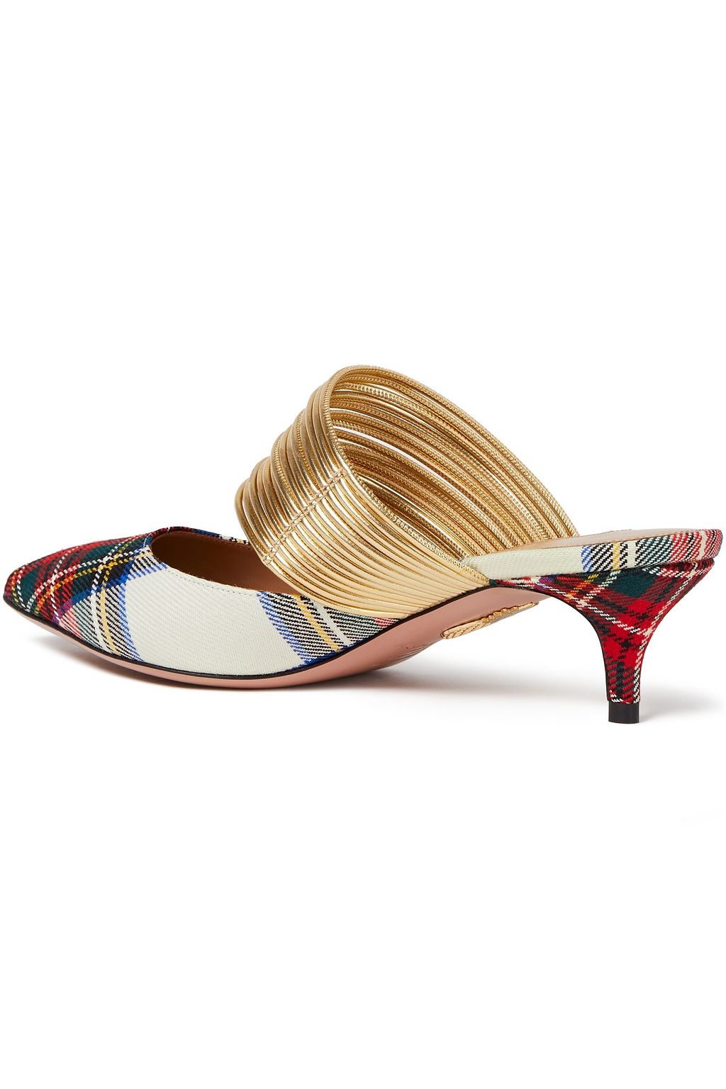 AQUAZZURA Metallic faux leather and checked twill mules