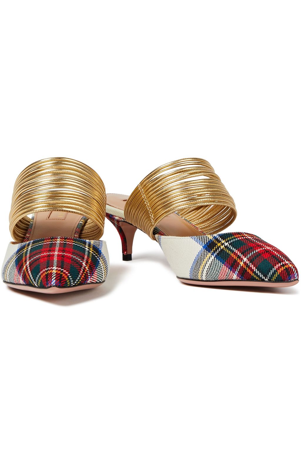 AQUAZZURA Metallic faux leather and checked twill mules
