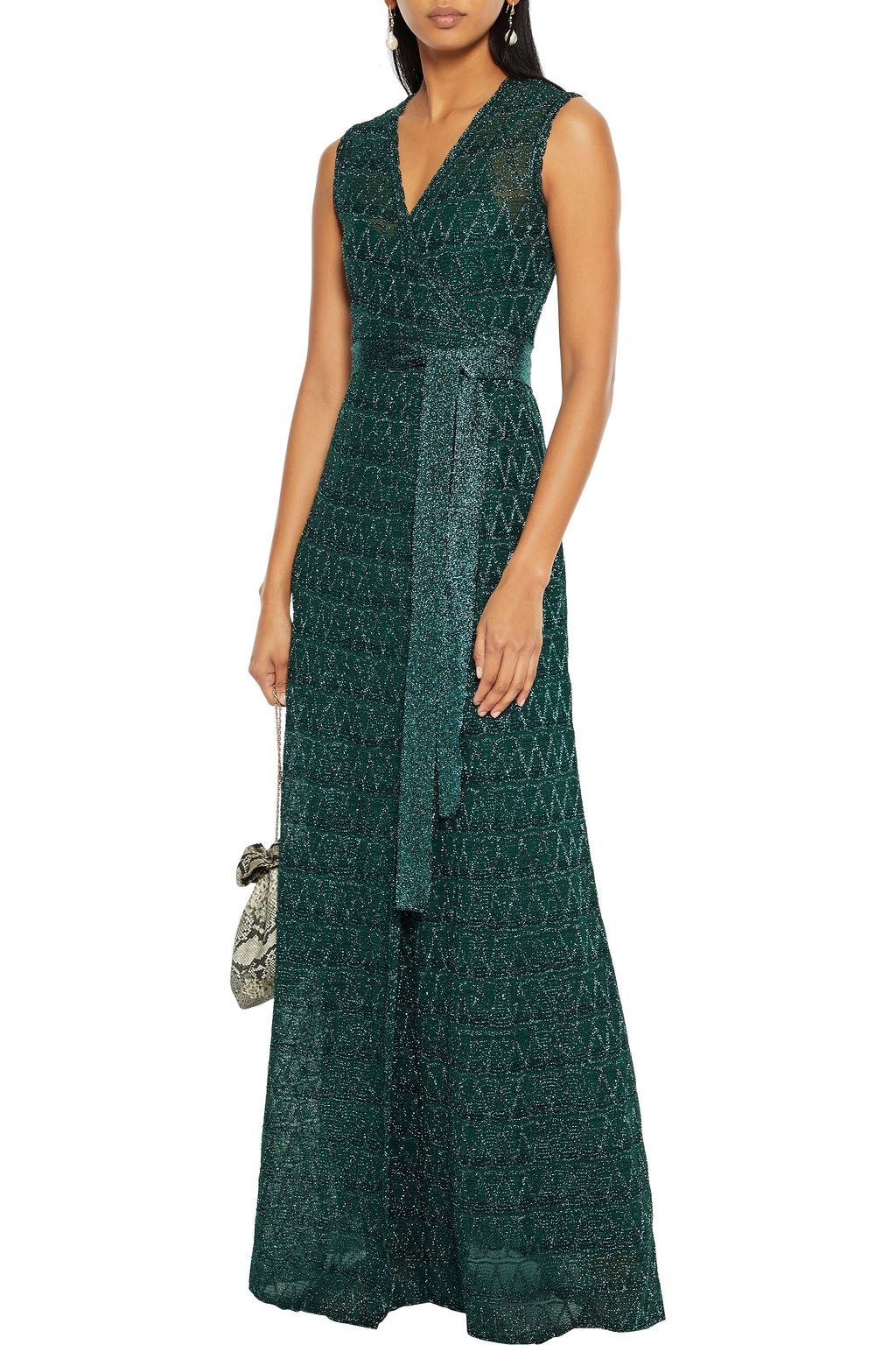 M MISSONI Scalloped metallic crochet-knit maxi wrap dress