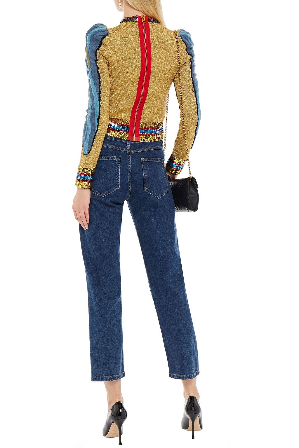GUCCI Verzierter Pullover aus Jacquard-Strick mit Metallic-Effekt