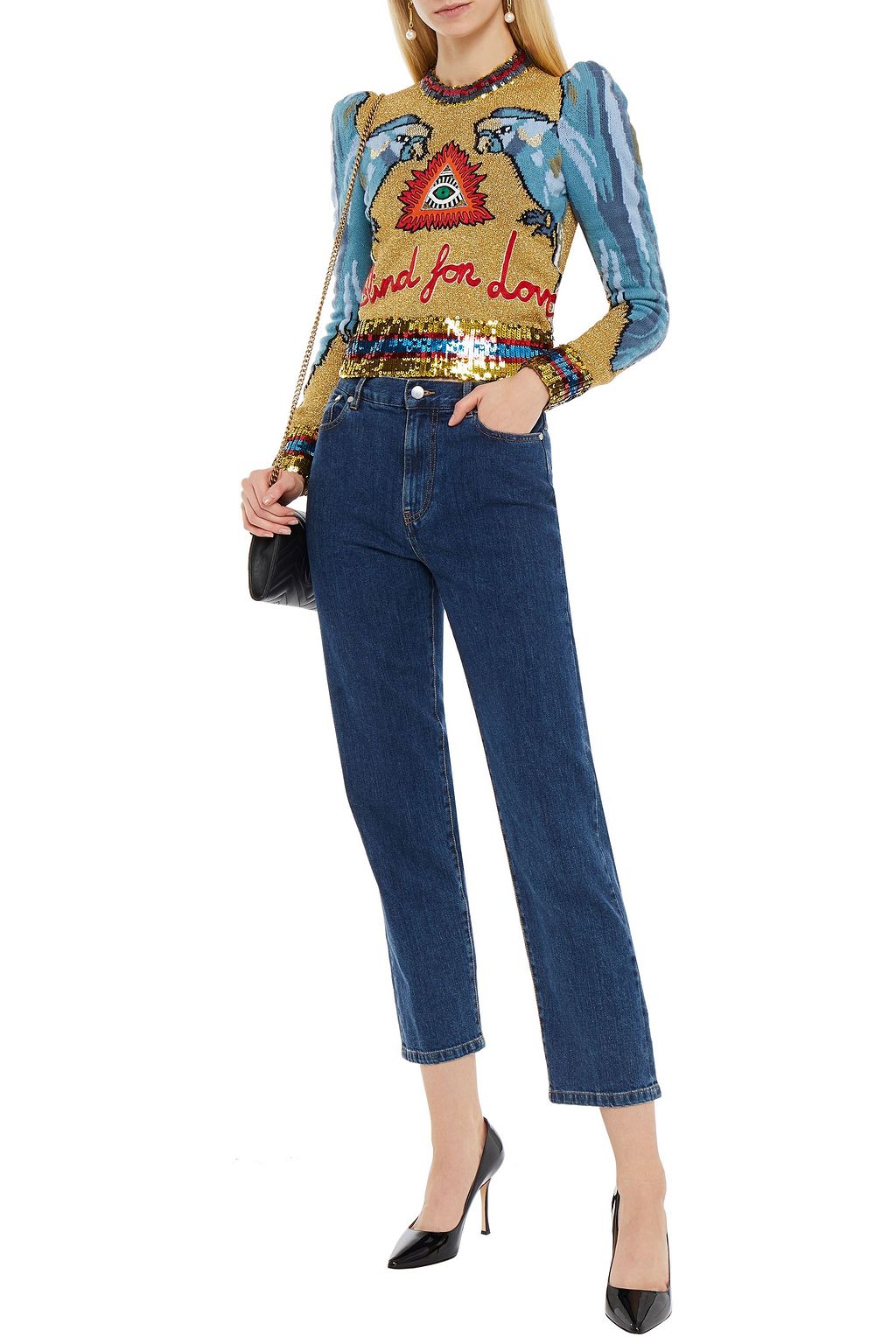 GUCCI Verzierter Pullover aus Jacquard-Strick mit Metallic-Effekt