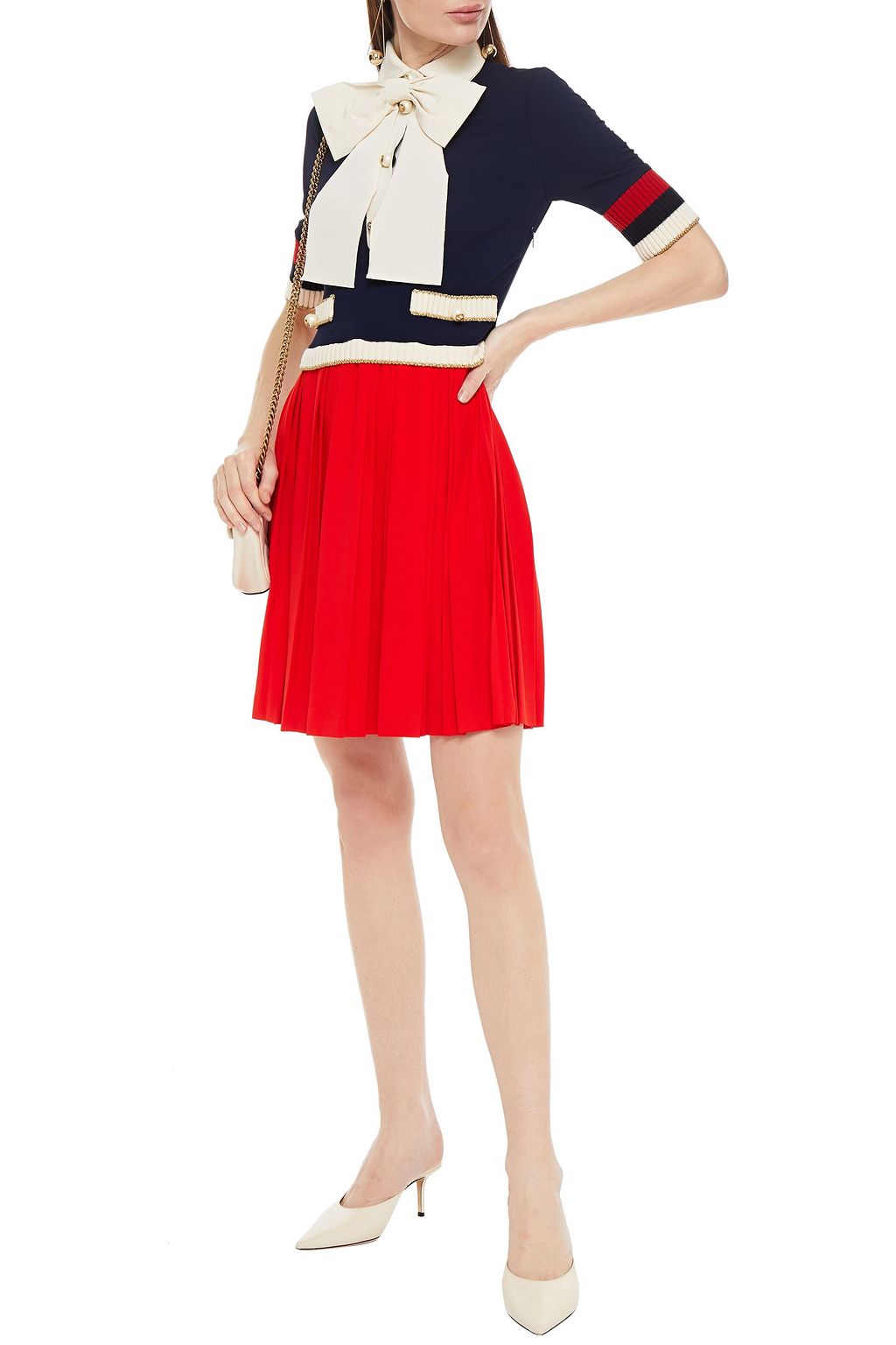GUCCI Bow-embellished pleated stretch-knit mini dress