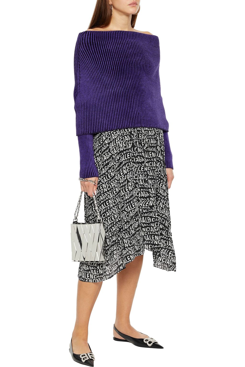 BALENCIAGA Off-the-shoulder layered ribbed chenille sweater