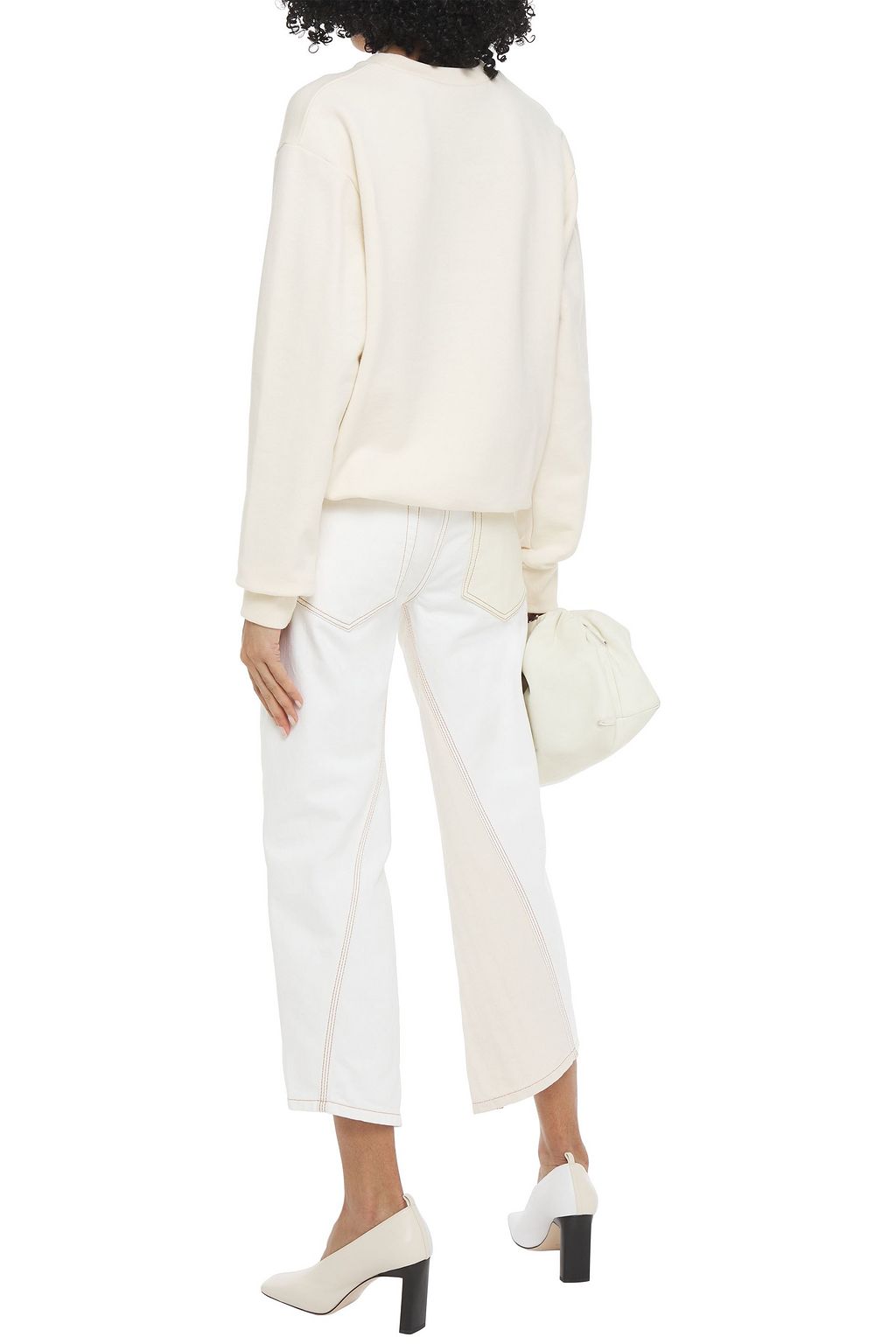 LANVIN Paneled herringbone cotton-canvas, denim and leather pants