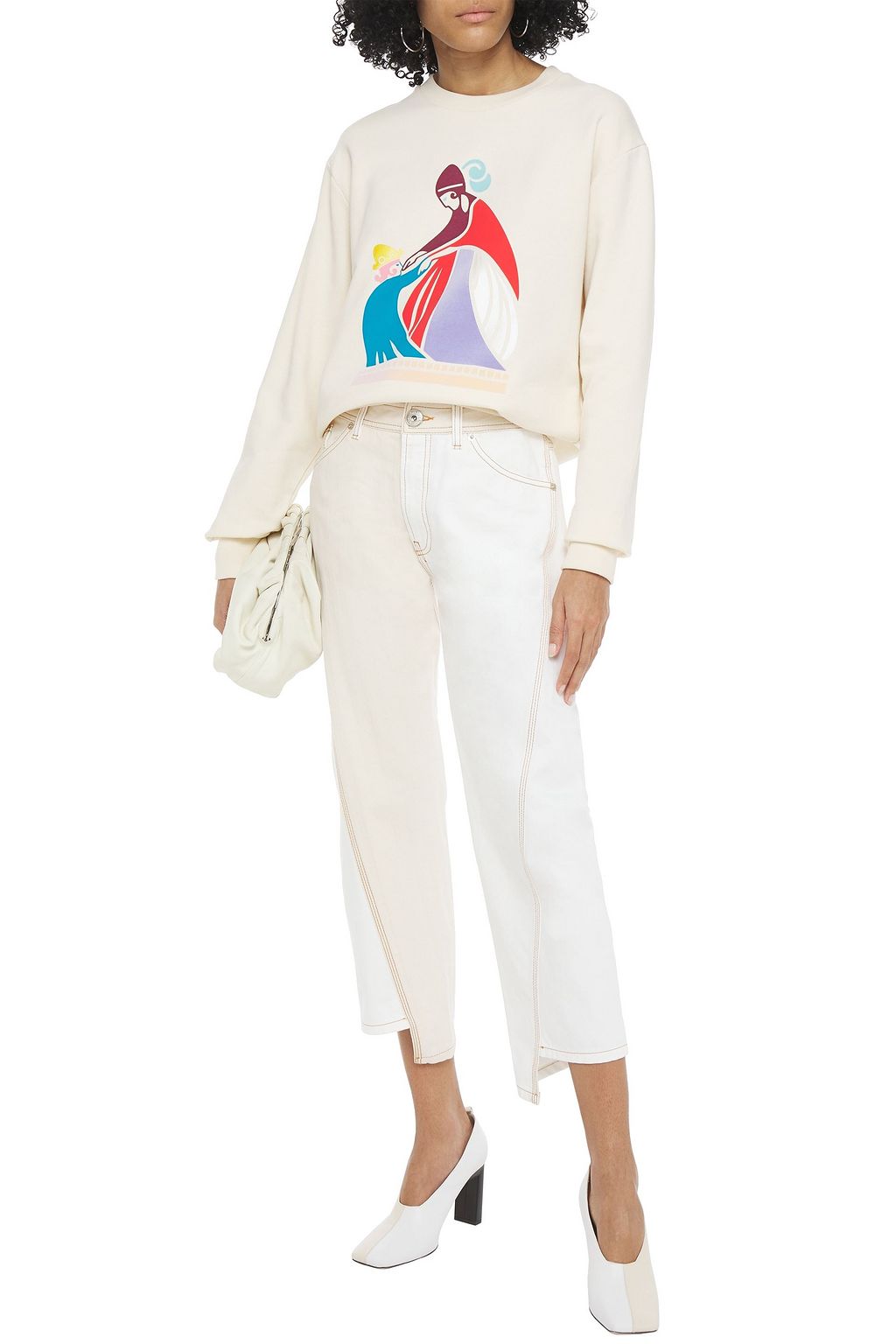 LANVIN Paneled herringbone cotton-canvas, denim and leather pants