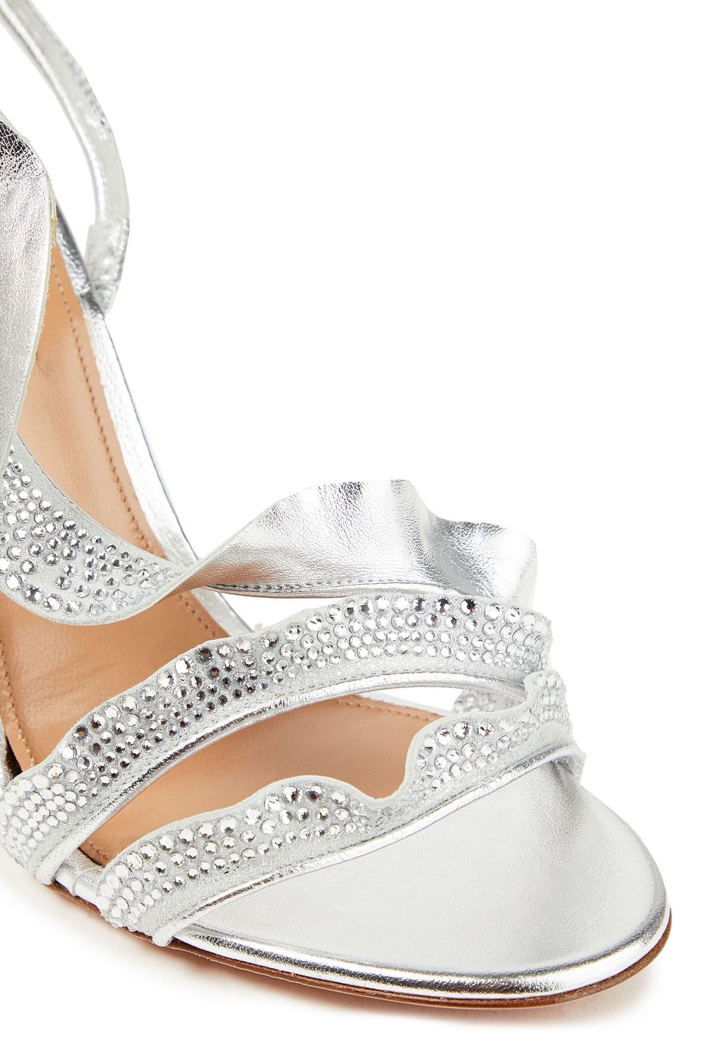 AQUAZZURA Crystal-embellished ruffled metallic leather slingback sandals