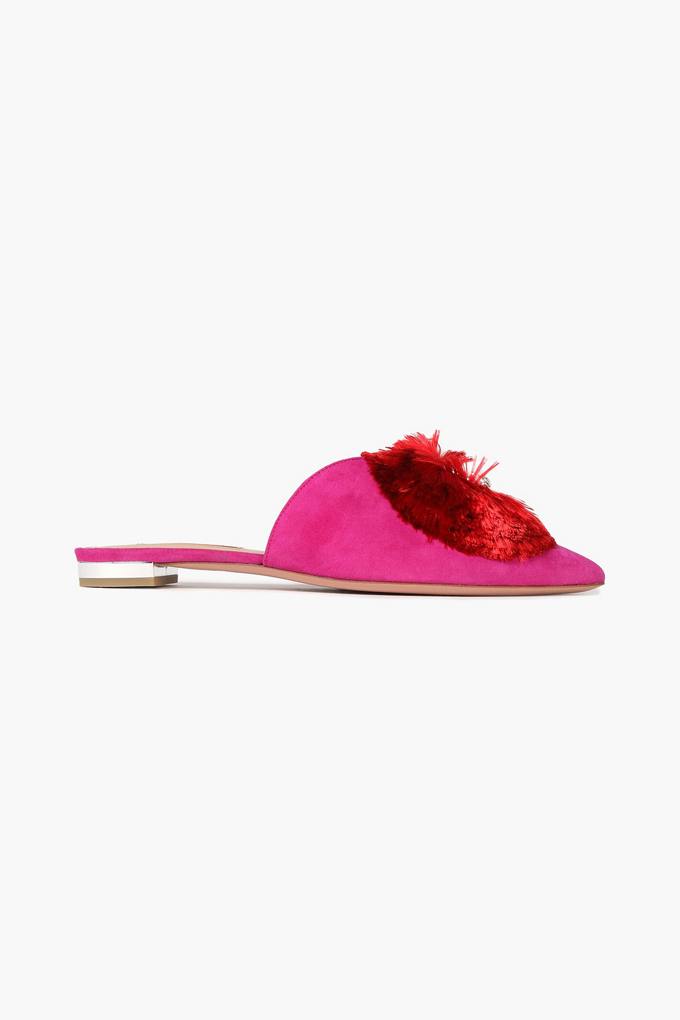 Aquazzura Woman Crystal Lotus Embellished Suede Slippers Fuchsia Size 34