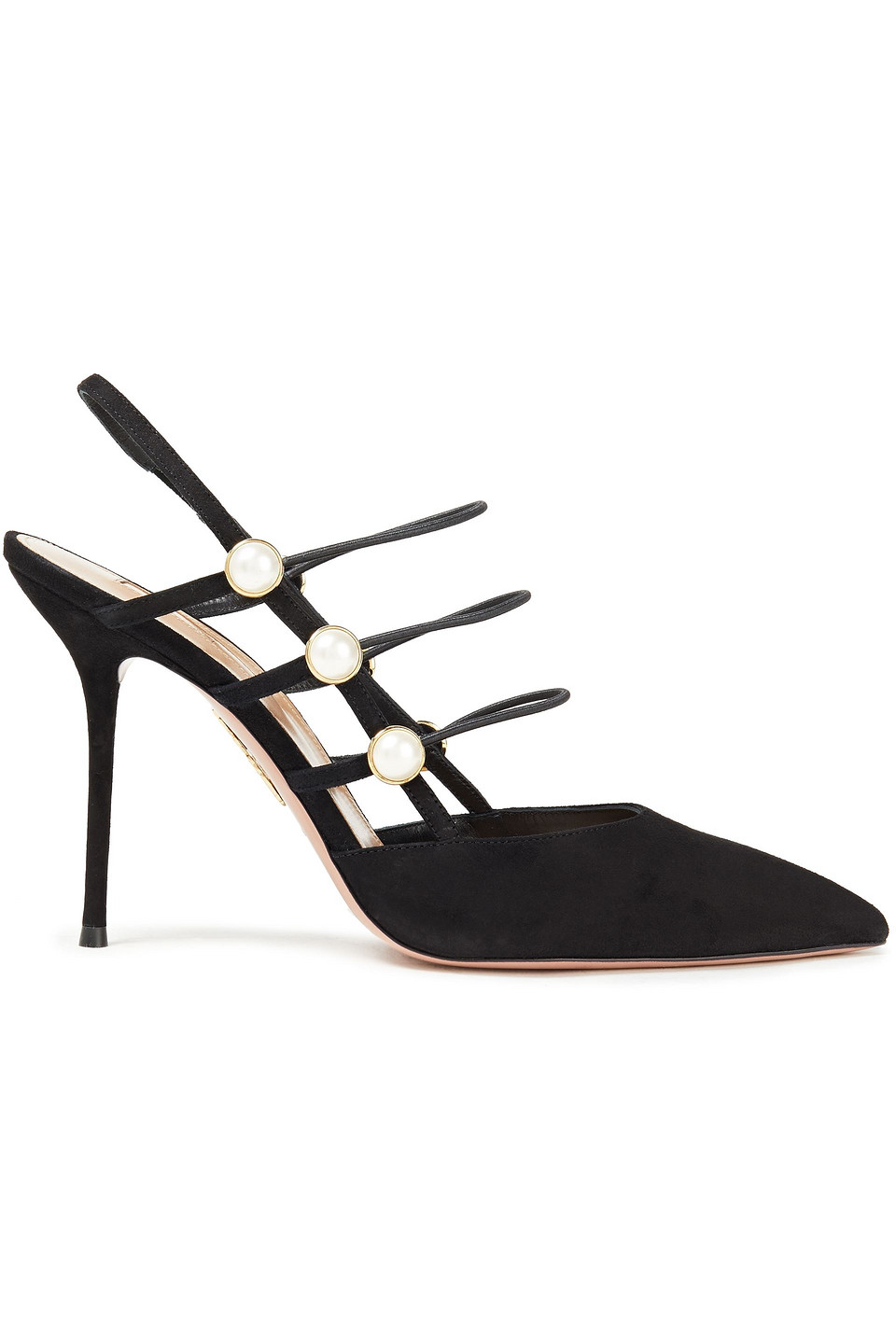 Aquazzura Woman Mae 95 Faux Pearl-embellished Suede Slingback Pumps Black Size 39.5