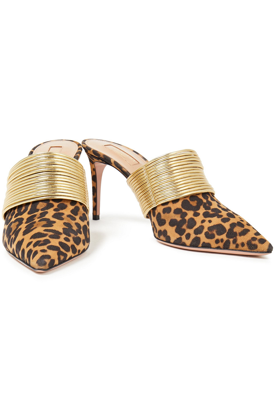 Click to view more detailed imagery on our partner's website Aquazzura Rendez Vous 75 Leopard-print Suede And Metallic Faux Leather Mules In Animal Print