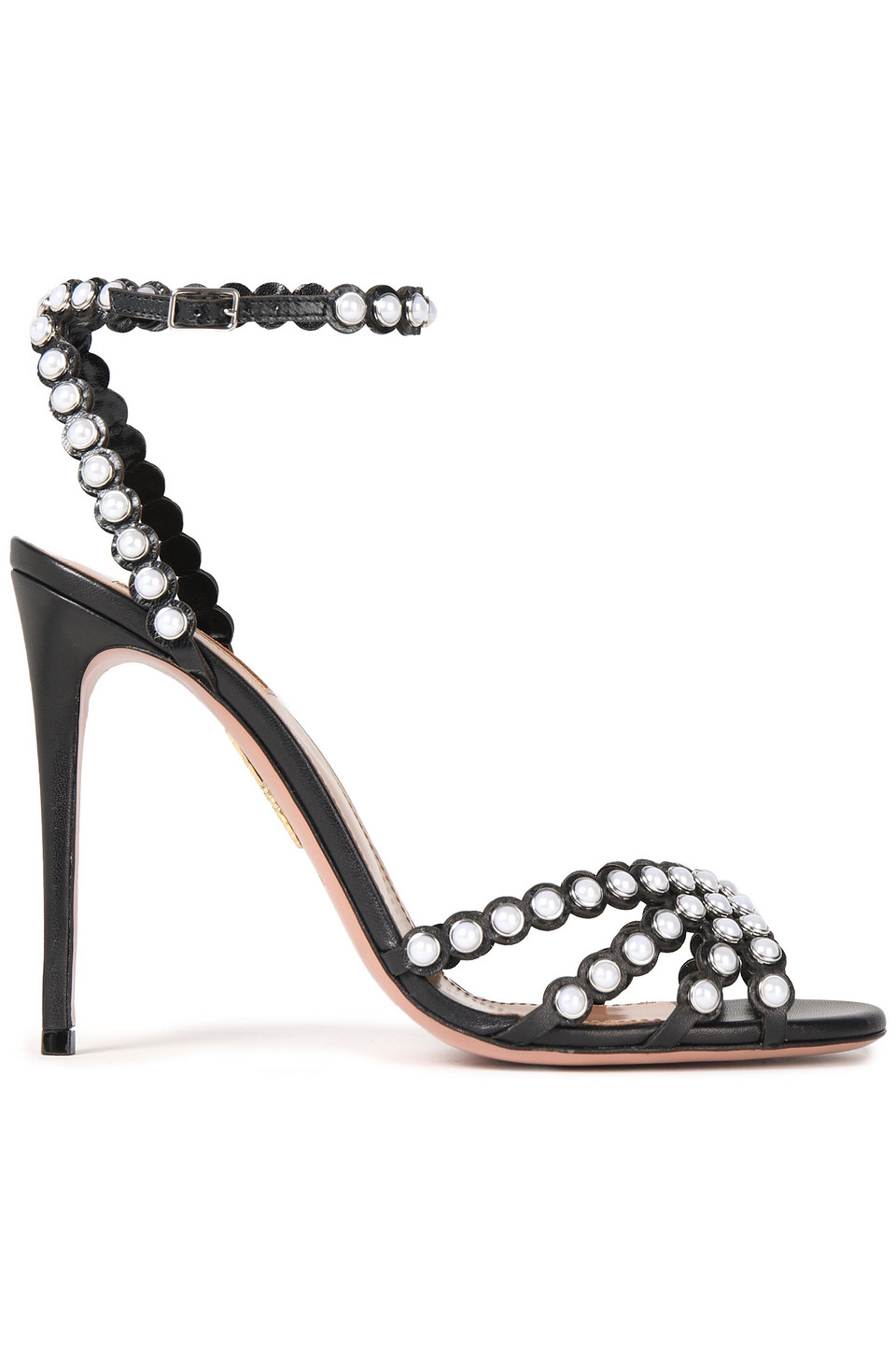 Aquazzura Woman Tequila 105 Faux Pearl-embellished Leather Sandals Black Size 40