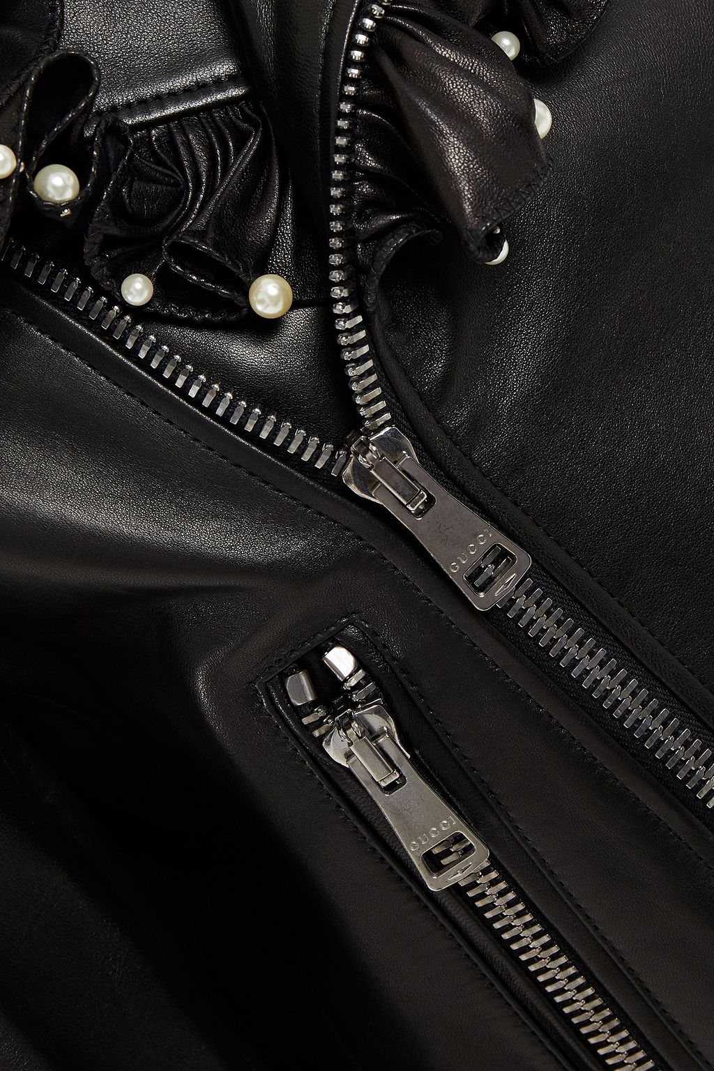 GUCCI Ruffled faux pearl-embellished leather biker jacket