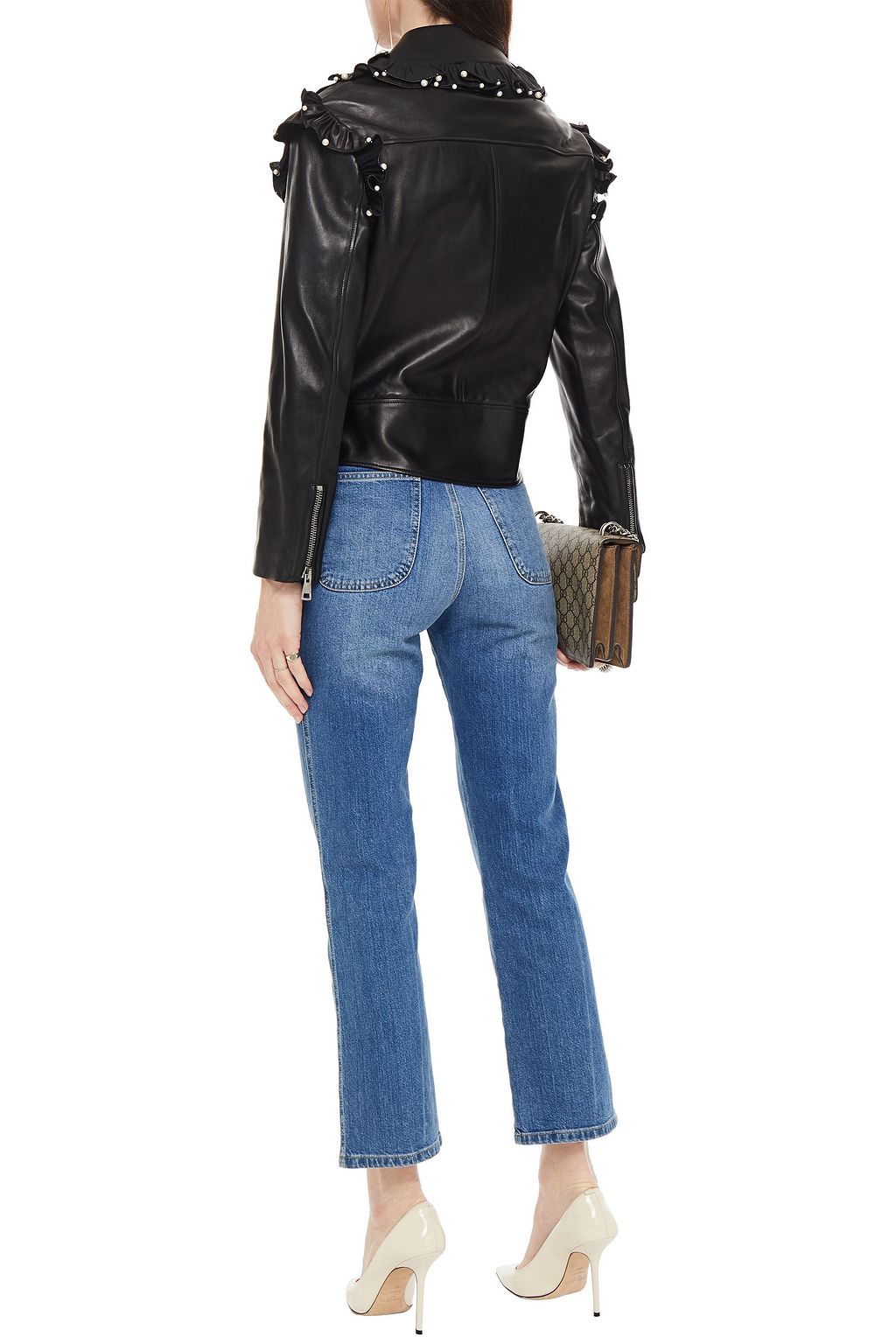 GUCCI Ruffled faux pearl-embellished leather biker jacket