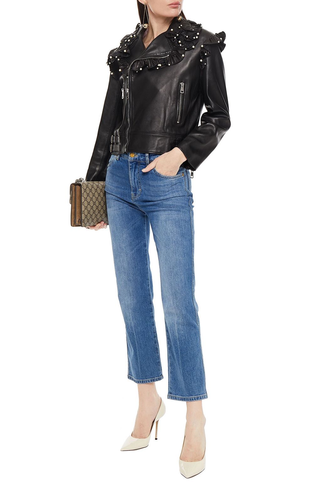 GUCCI Ruffled faux pearl-embellished leather biker jacket