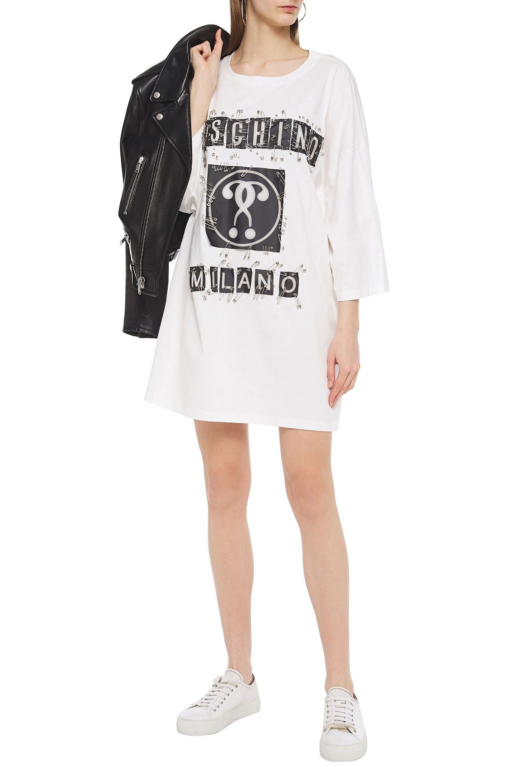 MOSCHINO Oversized embellished printed cotton-jersey mini dress