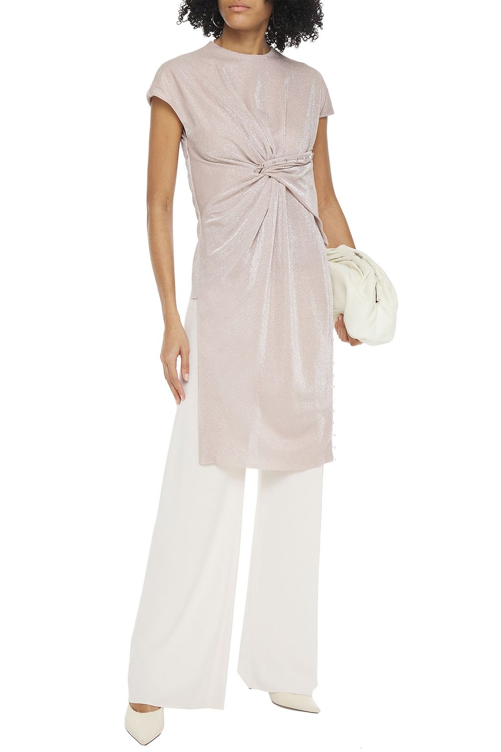LANVIN Asymmetric twist-front bead-embellished Lurex top