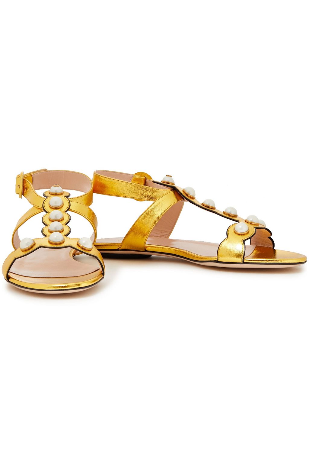 GUCCI Willow faux pearl-embellished metallic leather sandals