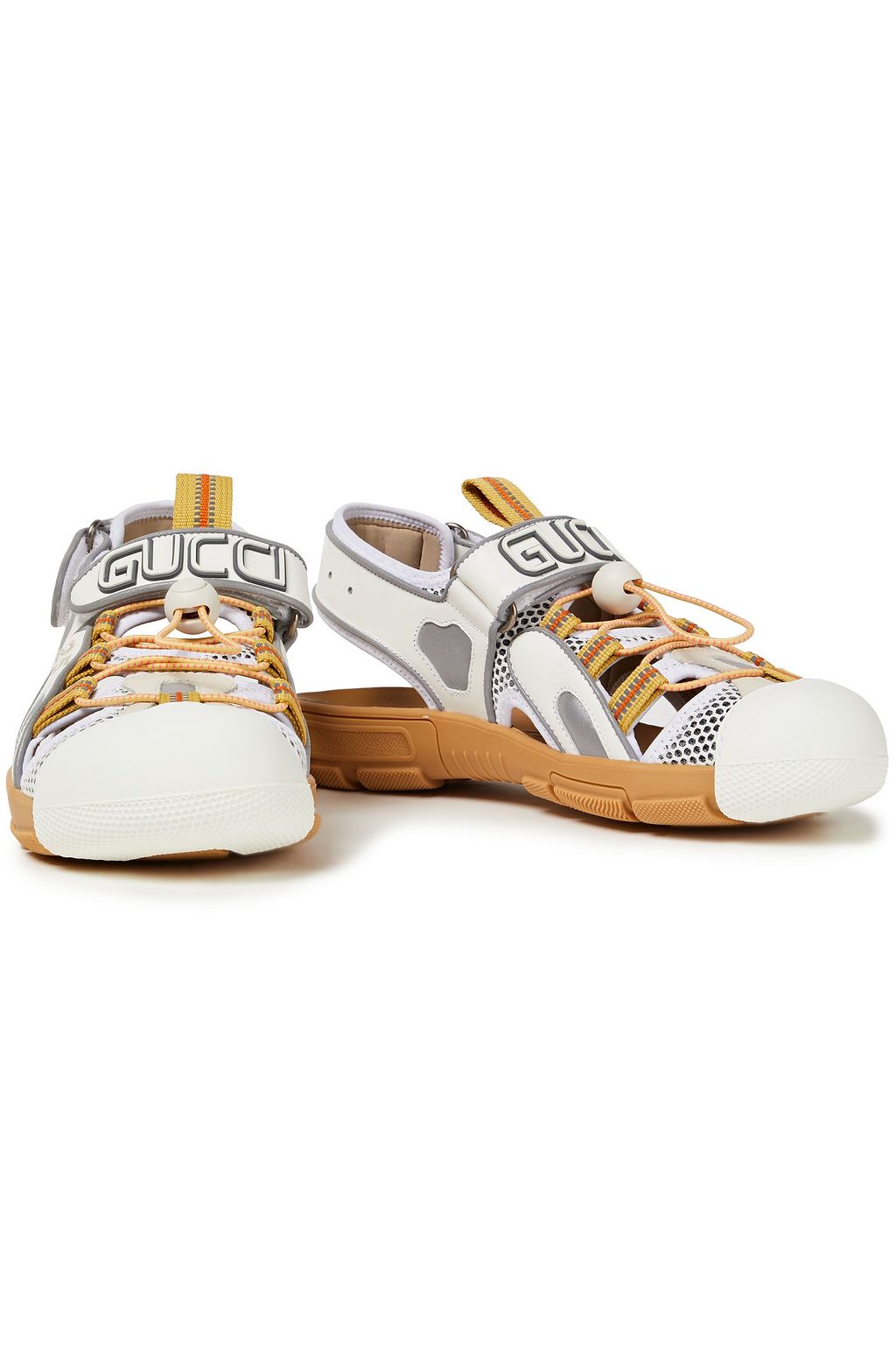 GUCCI Logo-embellished color-block leather and mesh sandals