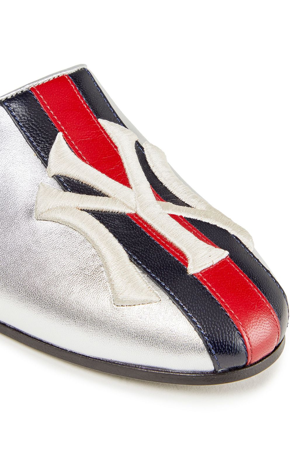 GUCCI + New York Yankees embroidered metallic leather slippers