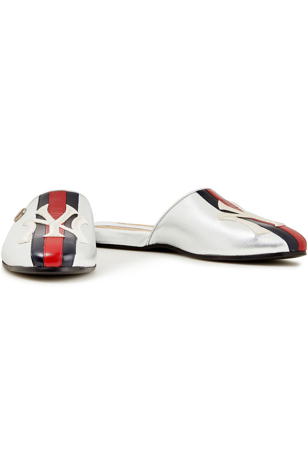 GUCCI + New York Yankees embroidered metallic leather slippers