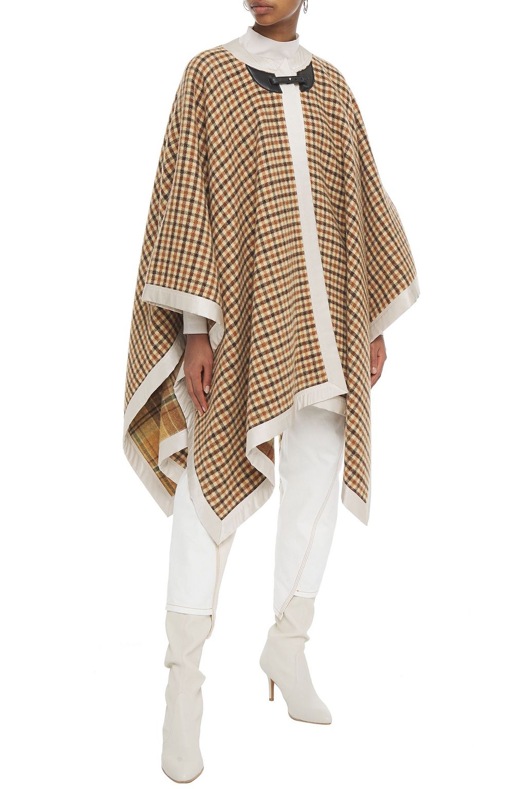 LANVIN Kariertes Cape aus Wolle mit Leder- und Satinbesatz