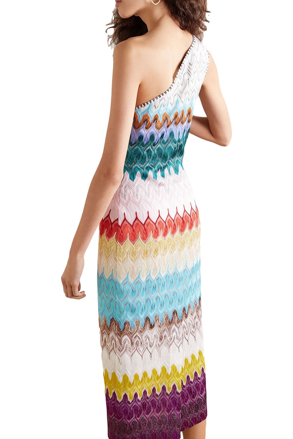 MISSONI One-shoulder metallic crochet-knit midi dress