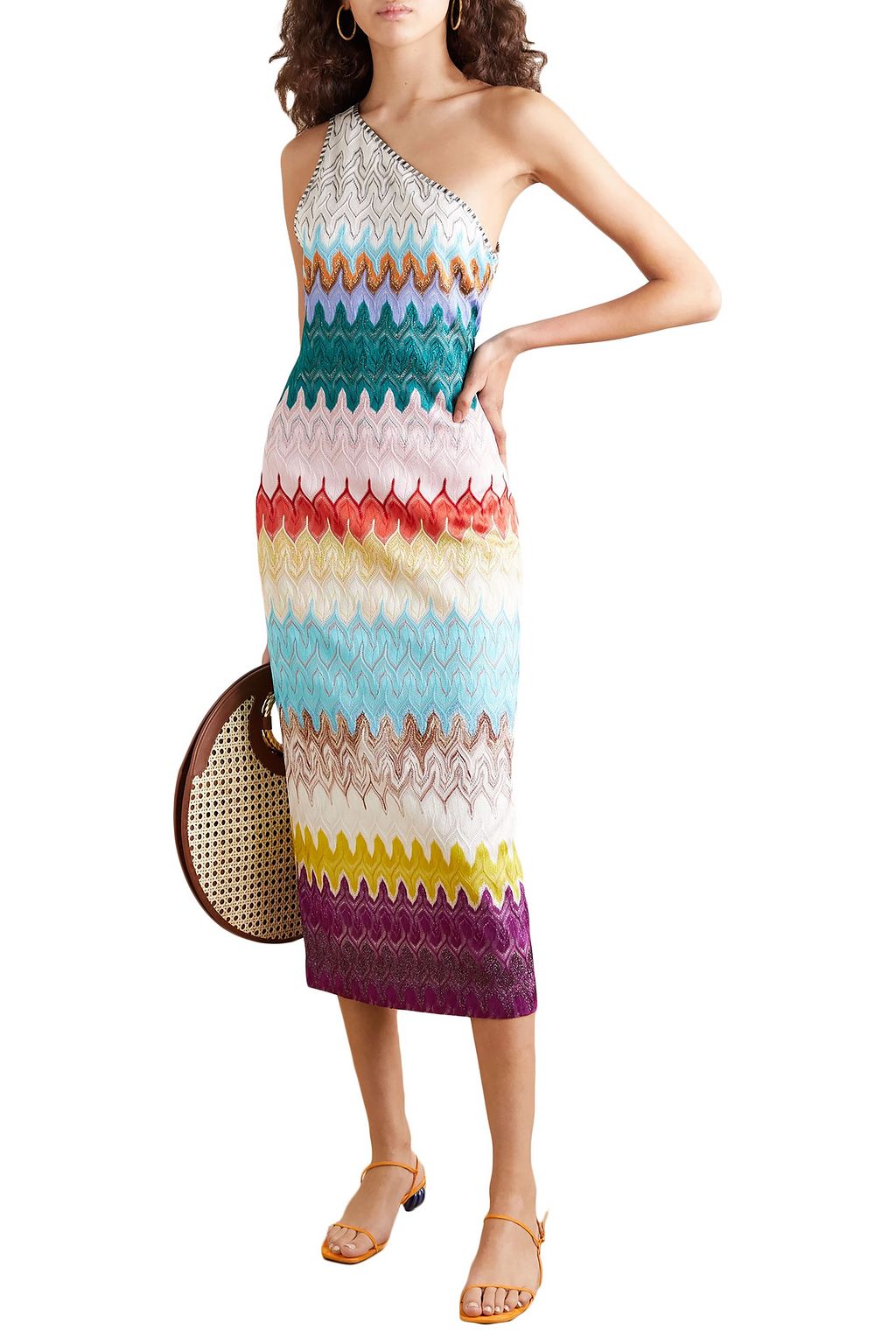 MISSONI One-shoulder metallic crochet-knit midi dress