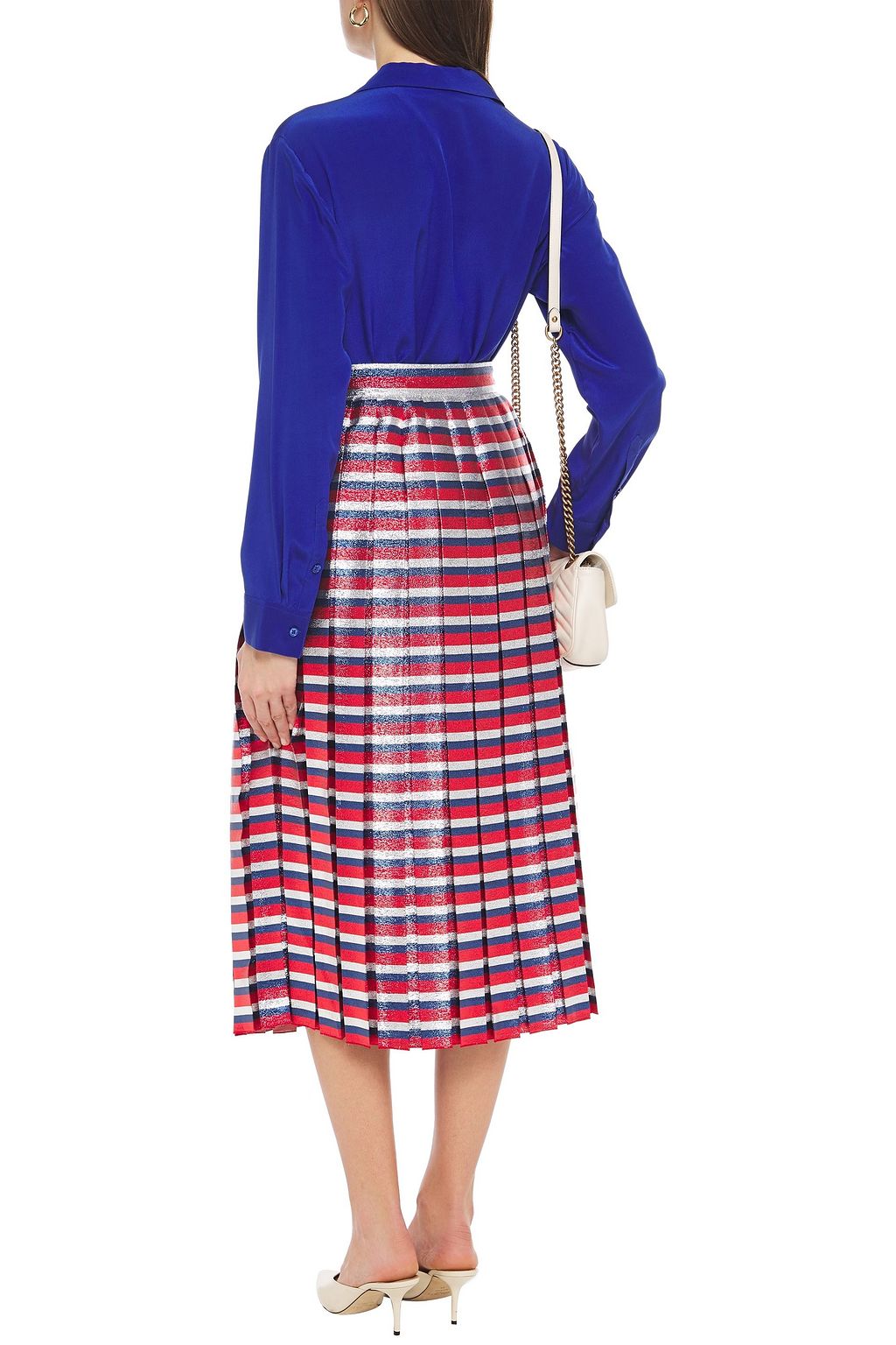 GUCCI Pleated metallic striped silk-blend midi skirt