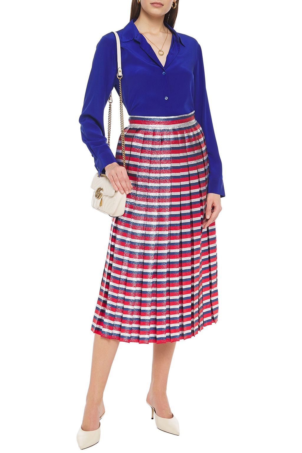 GUCCI Pleated metallic striped silk-blend midi skirt
